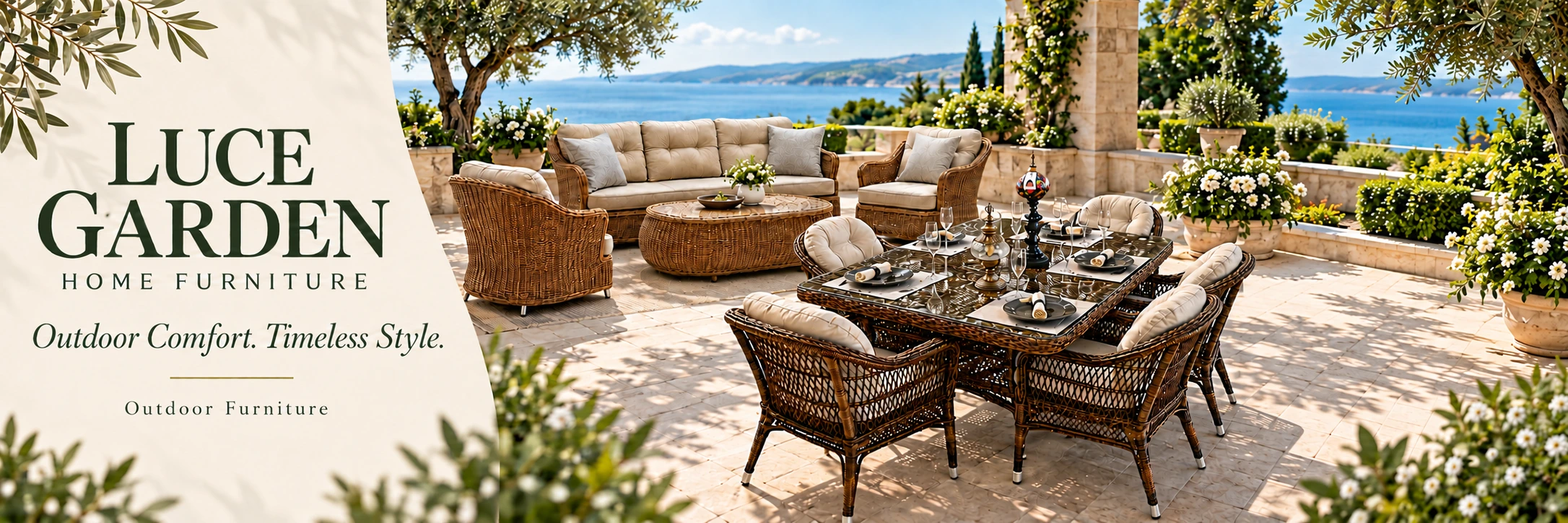 Luce Garden Home Furniture. Outdoor Comfort. Timeless Style. Wicker outdoor sofa and dining furniture overlooking the water.